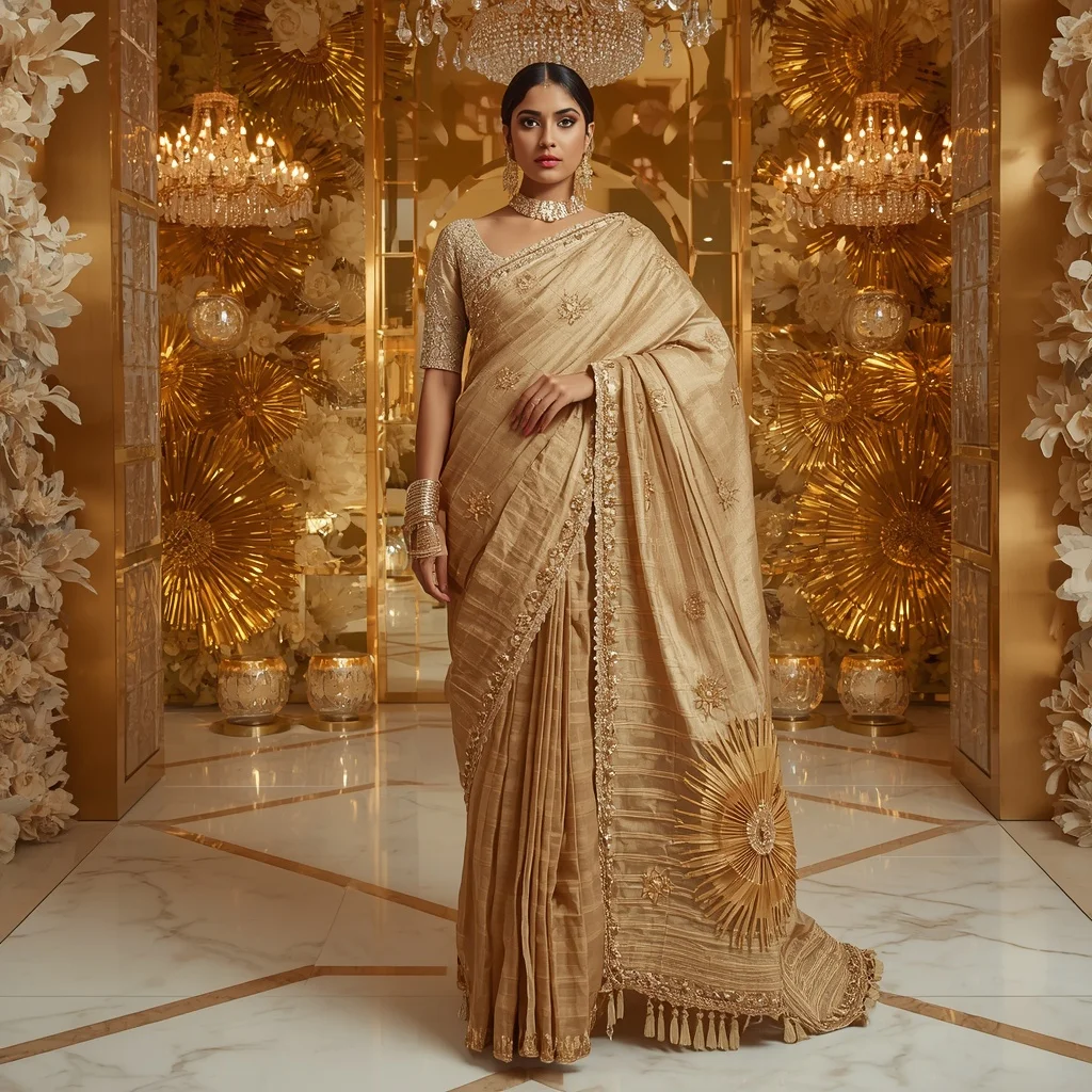 Luxury Golden Sunburst Empress Saree Fashion with Crystal Floral Kingdom Background | Secret Ai Prompt