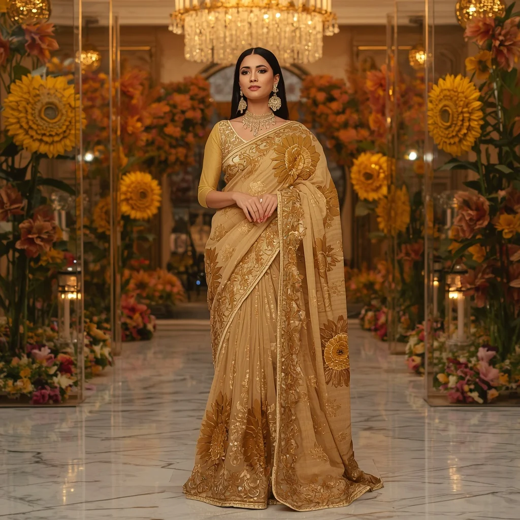 Luxury Golden Sunflower Empress Saree Fashion with Crystal Floral Courtyard Background | New Instagram Trend Prompt For Girl And Boy Aesthetic