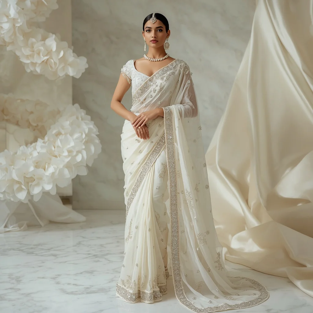 Luxury Ivory Crystal Blossom Saree with Elegant Marble Editorial Spiral and Floating Silk Reflection Dome Background | Female Model Ai Prompt