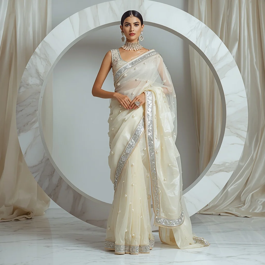 Luxury Ivory Moon Pearl Saree with Elegant Marble Editorial Air Spiral and Floating Silk Reflection Ring Background | Ultra Realistic Ai Prompt