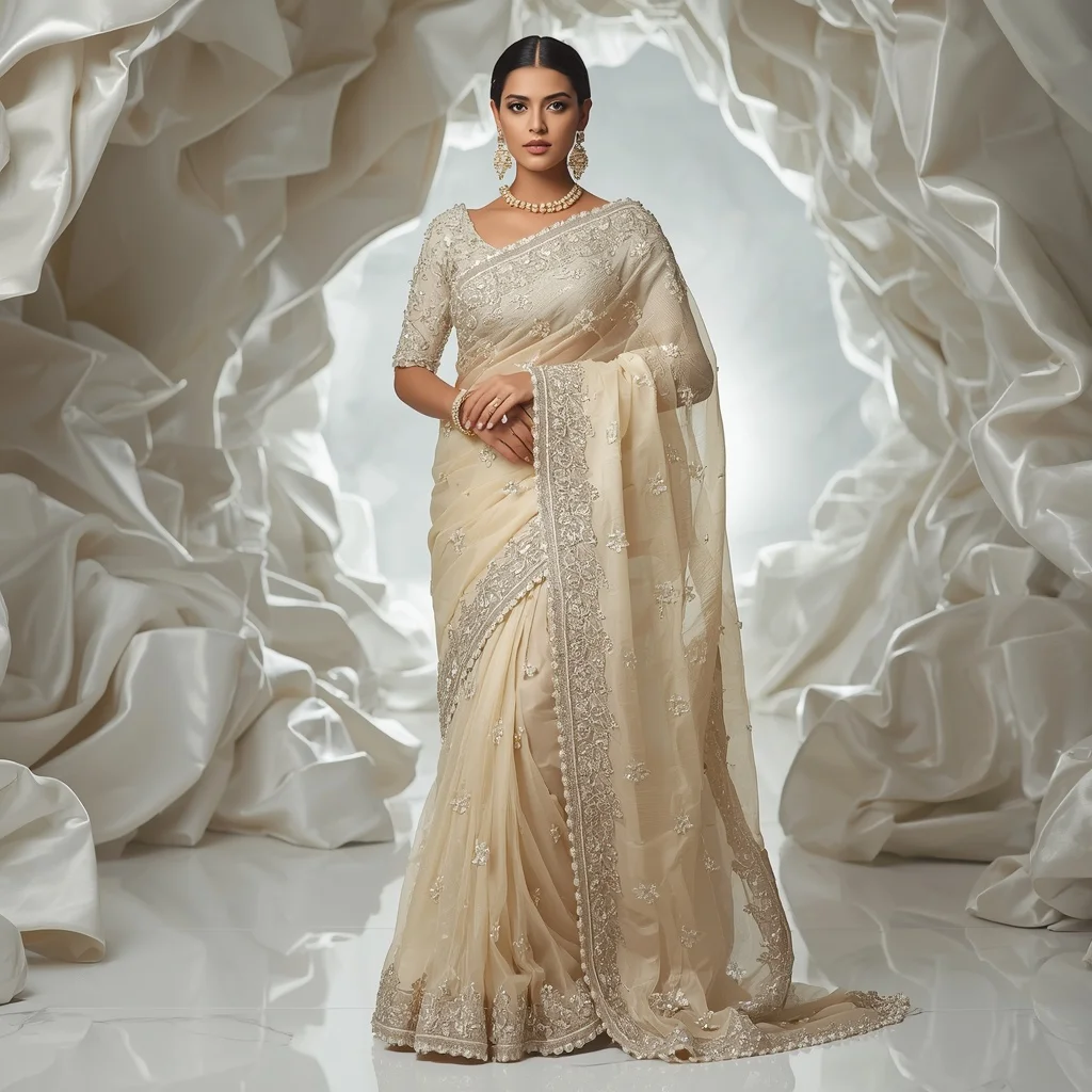 Luxury Ivory Pearl Blossom Saree with Elegant Marble Editorial Twist and Floating Silk Reflection Tunnel Background | Editing Prompt Girl