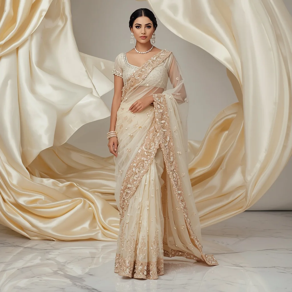 Luxury Ivory Rose Crystal Saree with Elegant Marble Editorial Twist and Floating Silk Reflection Hall Background | Prompt For Girls Trending