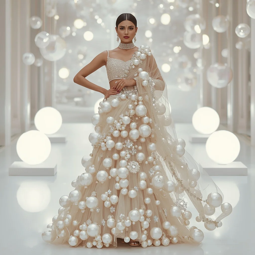 Luxury Pearl Bubble Saree with White Floating Sphere Gallery | Gemini Ai Photo