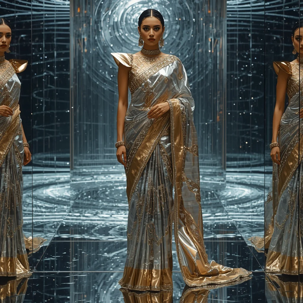 Luxury Quantum Mirror Singularity Collapse Festival Saree With Infinite Reflection Void Scene | Prompt For Saree For Wedding In English