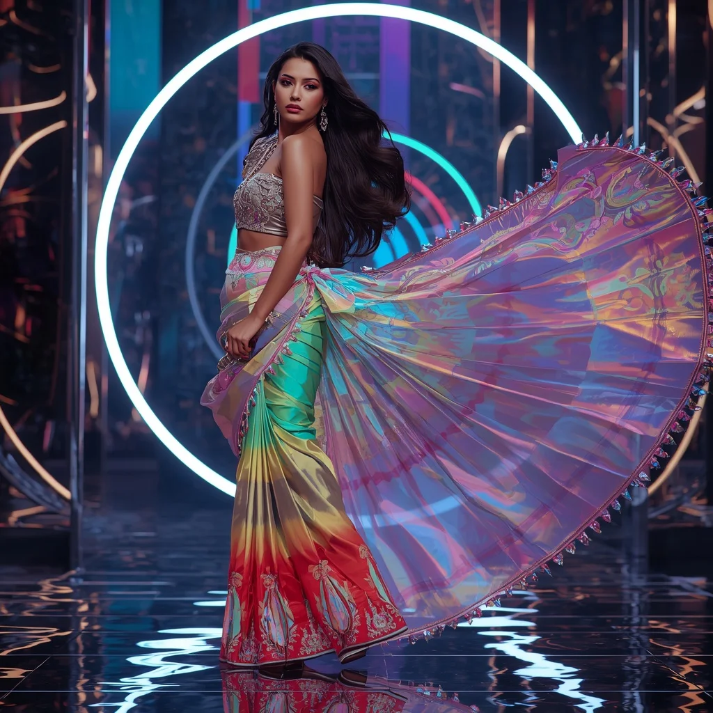 Luxury Rainbow Prism Saree with Dynamic Fashion Editorial Curl and Holographic Reflection Ring Background | Trending Prompt In Instagram Ai Photo Girls