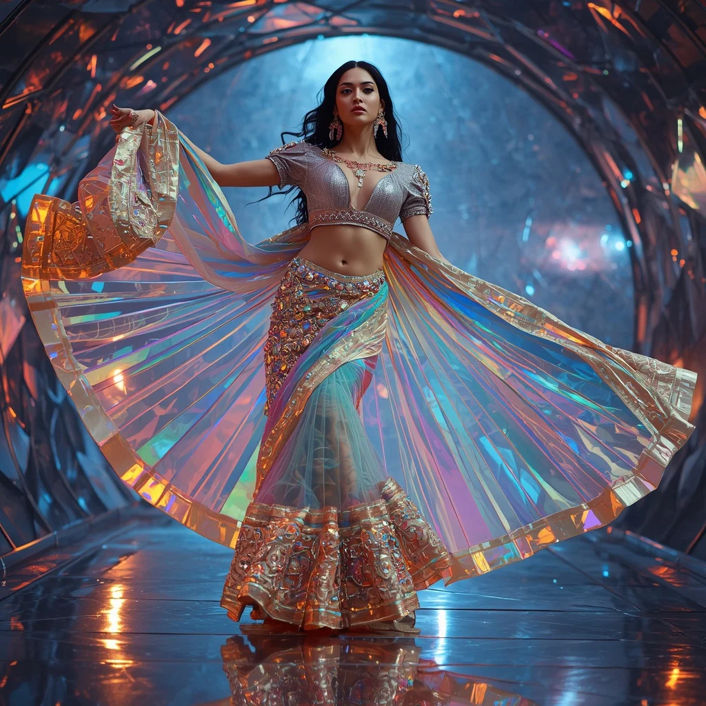 Luxury Rainbow Prism Saree with Dynamic Fashion Editorial Spiral and Holographic Reflection Dome Background | Female Model Ai Prompt