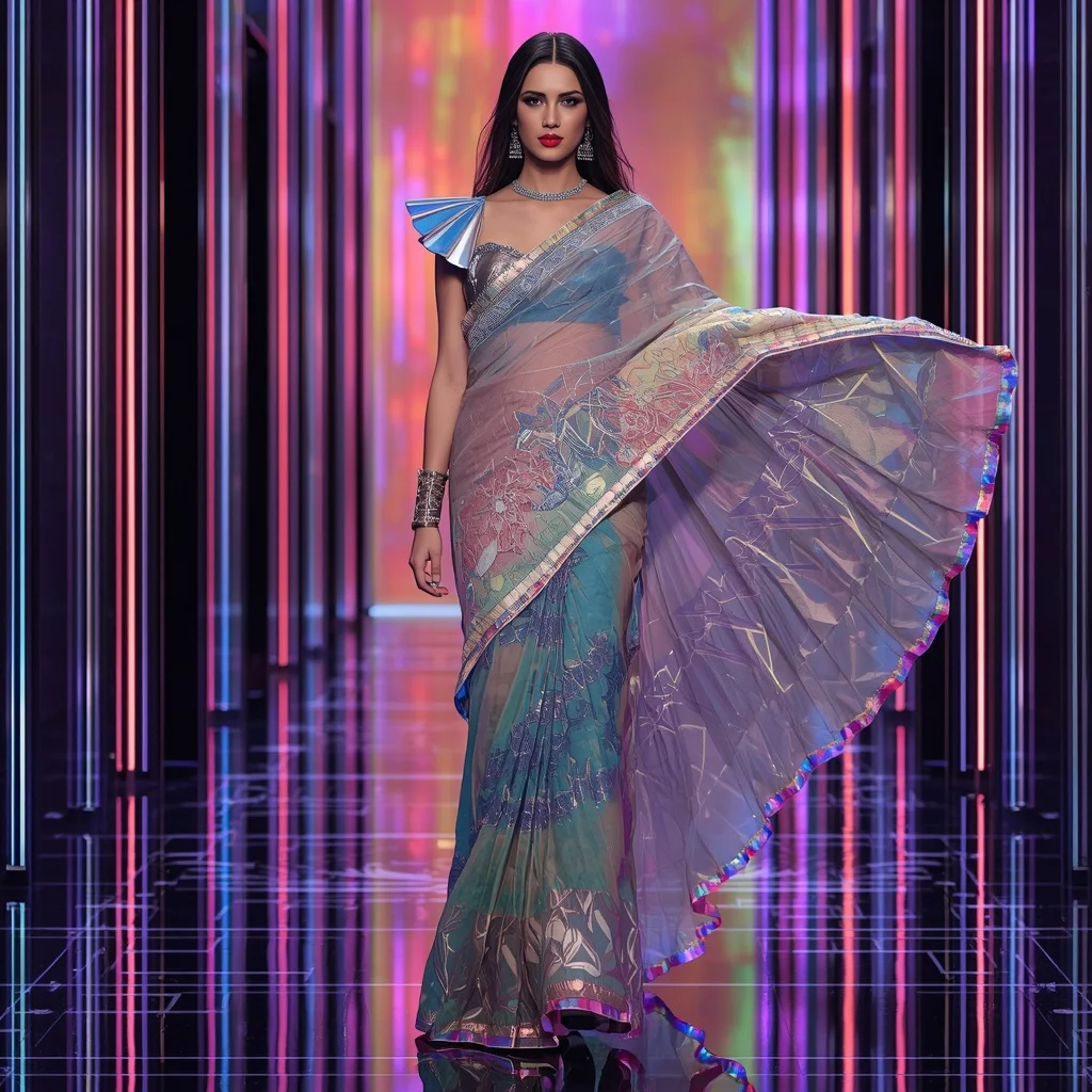 Luxury Rainbow Prism Saree with Dynamic Fashion Editorial Walk and Holographic Reflection Hall Background | Chatgpt Photo Editing Styles For Girl