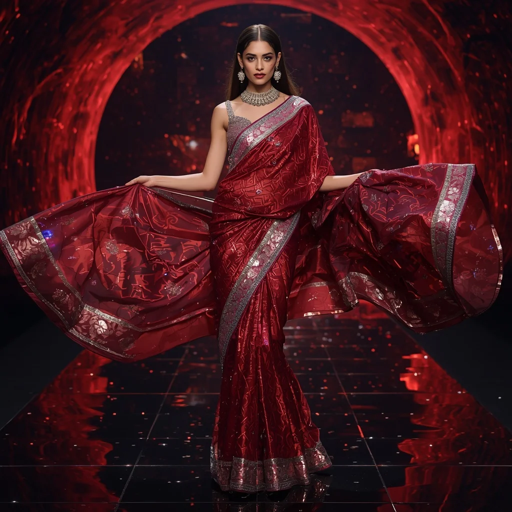 Luxury Ruby Galaxy Saree with Fierce Runway Editorial Air Twist and Digital Fire Reflection Dome Background | Prompt For Girls Trending