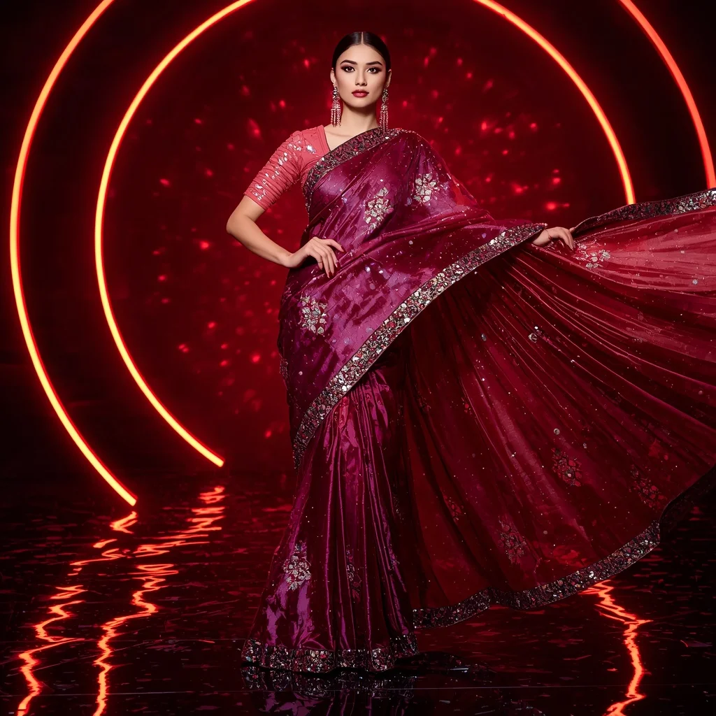 Luxury Ruby Galaxy Saree with Fierce Runway Editorial Air Twist and Digital Fire Reflection Ring Background | Desi Girl Ai Prompt