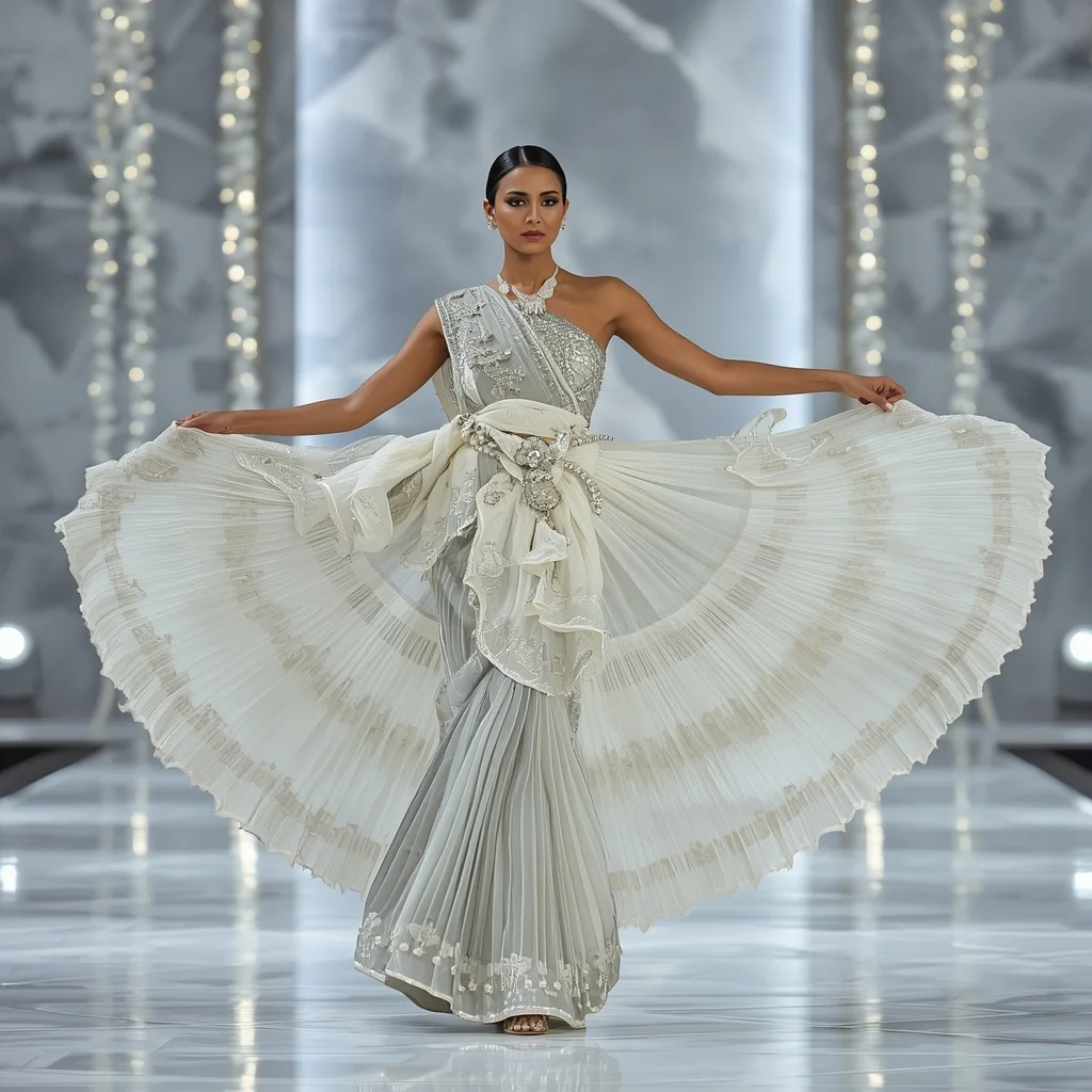 Luxury Swan Crystal Garden Saree with Floating White Plaza | Prompt Seen Gemini Girl Instagram