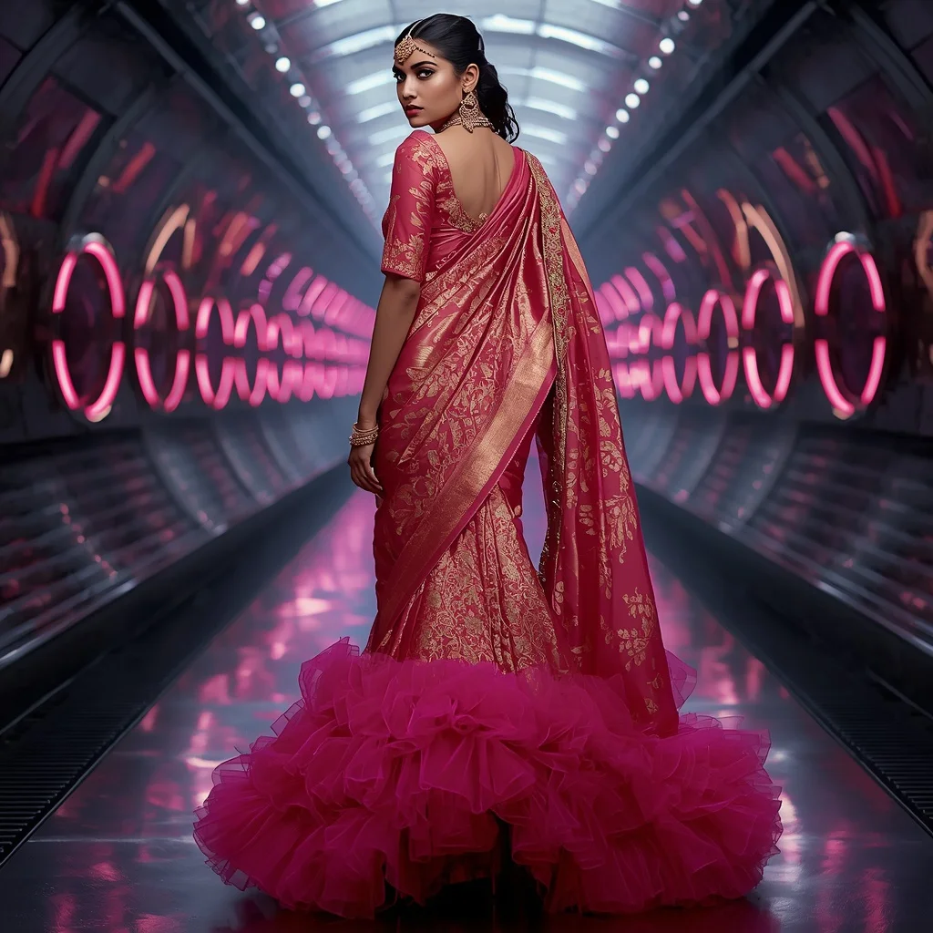 Magenta and Gold Heavy Brocade Saree with Ruffled Tulle Hem | Prompt AI For Girl