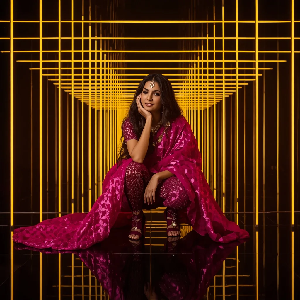 Magenta Geometric Weave Saree – High-Fashion Squat with Yellow LED Tunnel | Prompt Engineering