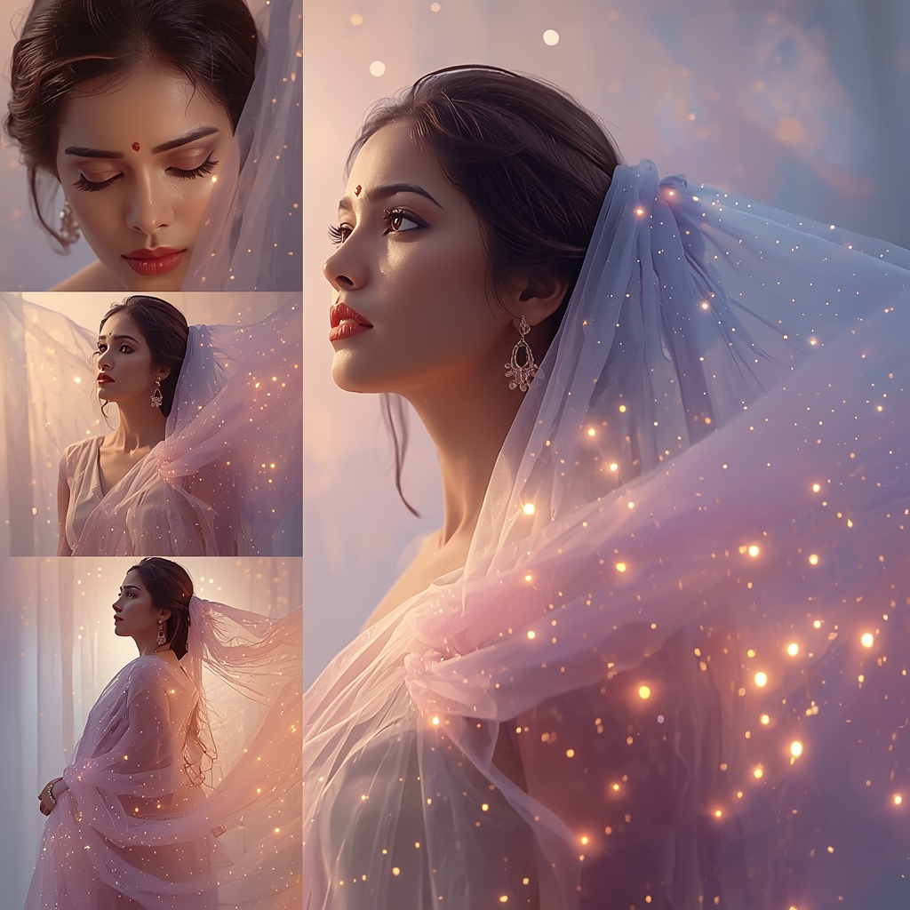 Magical Emotional Futuristic Pastel Saree Image Prompt for Women with Eternal Star Memory Veil | Saree Prompt