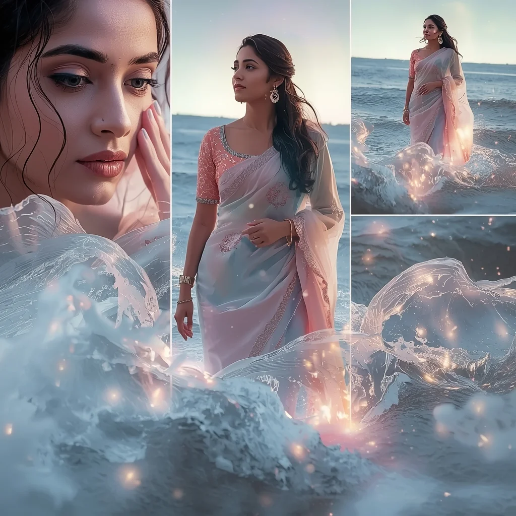 Magical Emotional Futuristic Pastel Saree Image Prompt for Women with Memory Wave Ocean | Saree Prompt Copy Paste