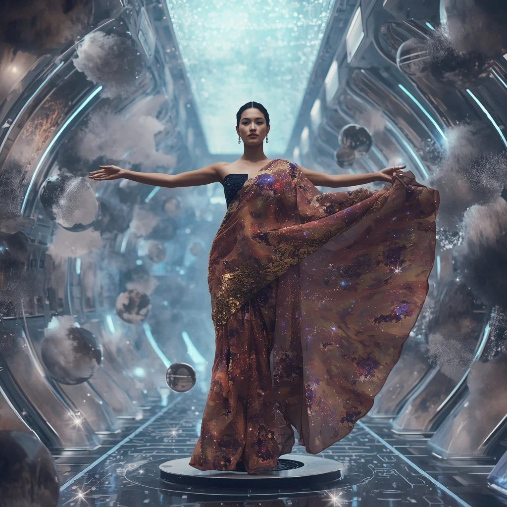 Magnetic Nebula Saree with Floating Metal Galaxy | Instagram Post Ai Prompt