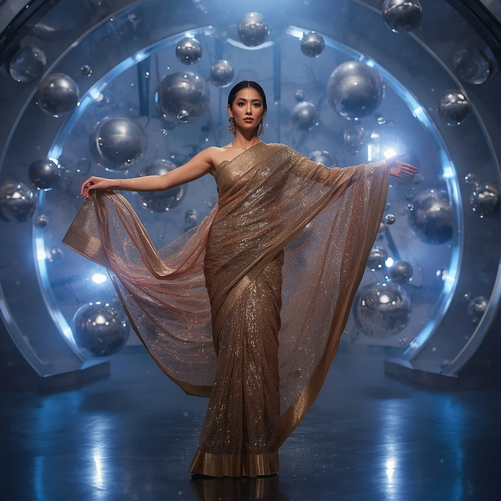 Magnetic Star Dust Saree with Floating Metal Nebula | Instagram Viral Photo Ai Prompt