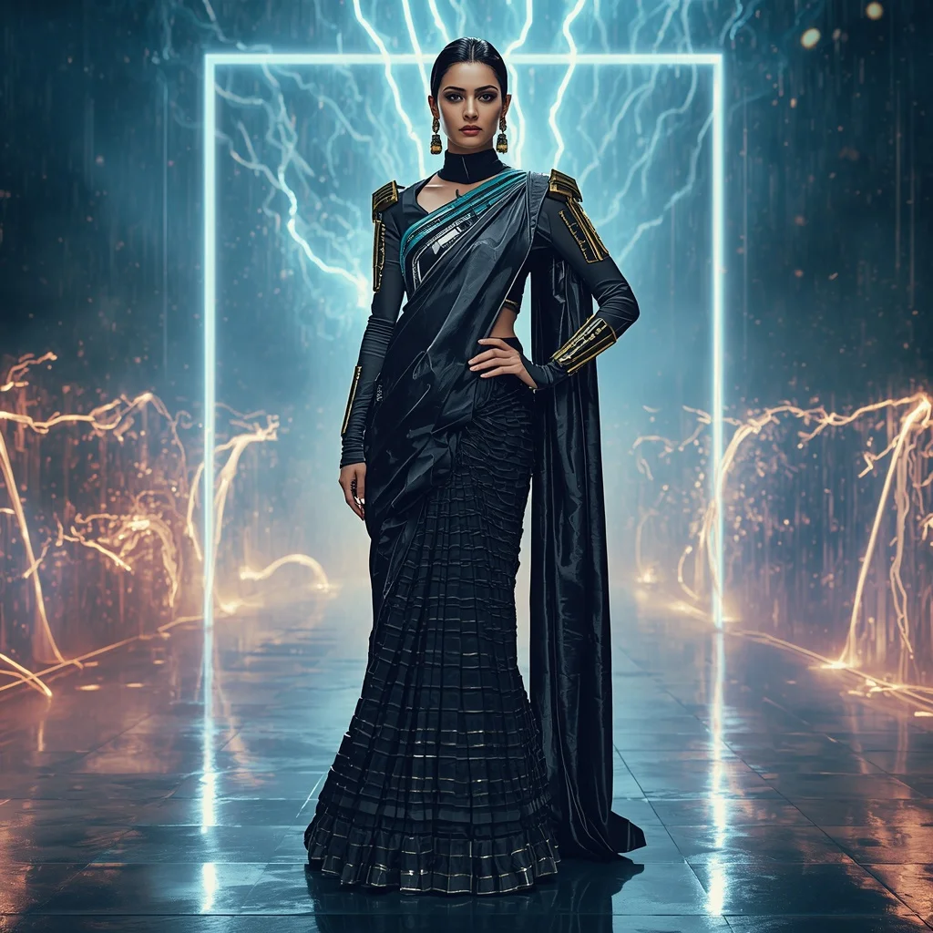 Magnetic Wave Armor Saree with Neon Energy Storm Field | Prompt Seen Trending Girl AI Photo