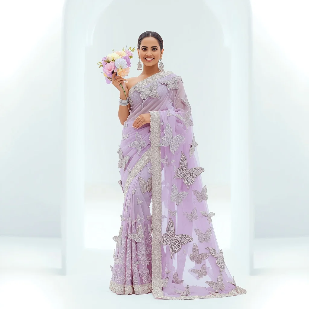 Massive 3D Butterfly Rhinestone Lavender Saree | Holding Fresh Flowers Pose | Festival Prompt