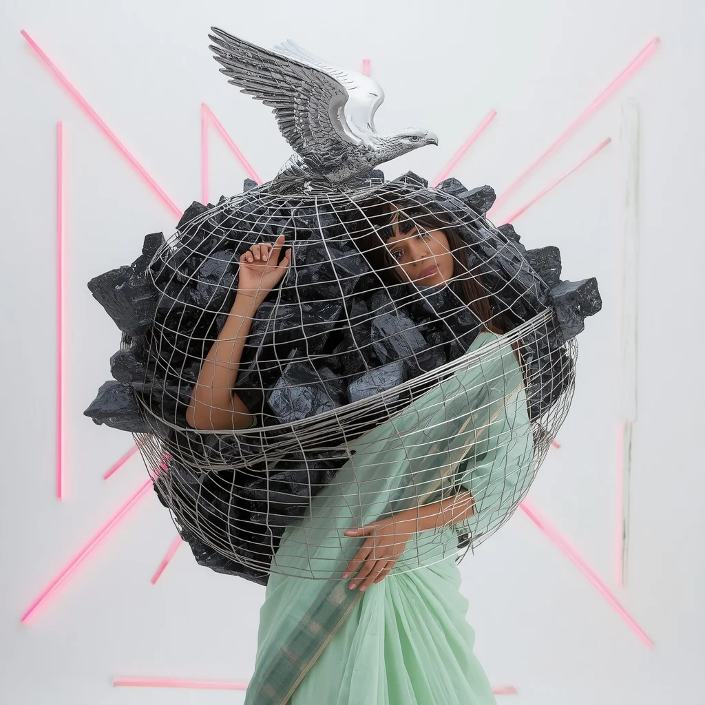 Massive 3D Chrome Falcon Sculpture & Stiff Platinum Wire Grid Pastel Seafoam Saree | Torso Twist Freeze Pose | Prompt Engineering