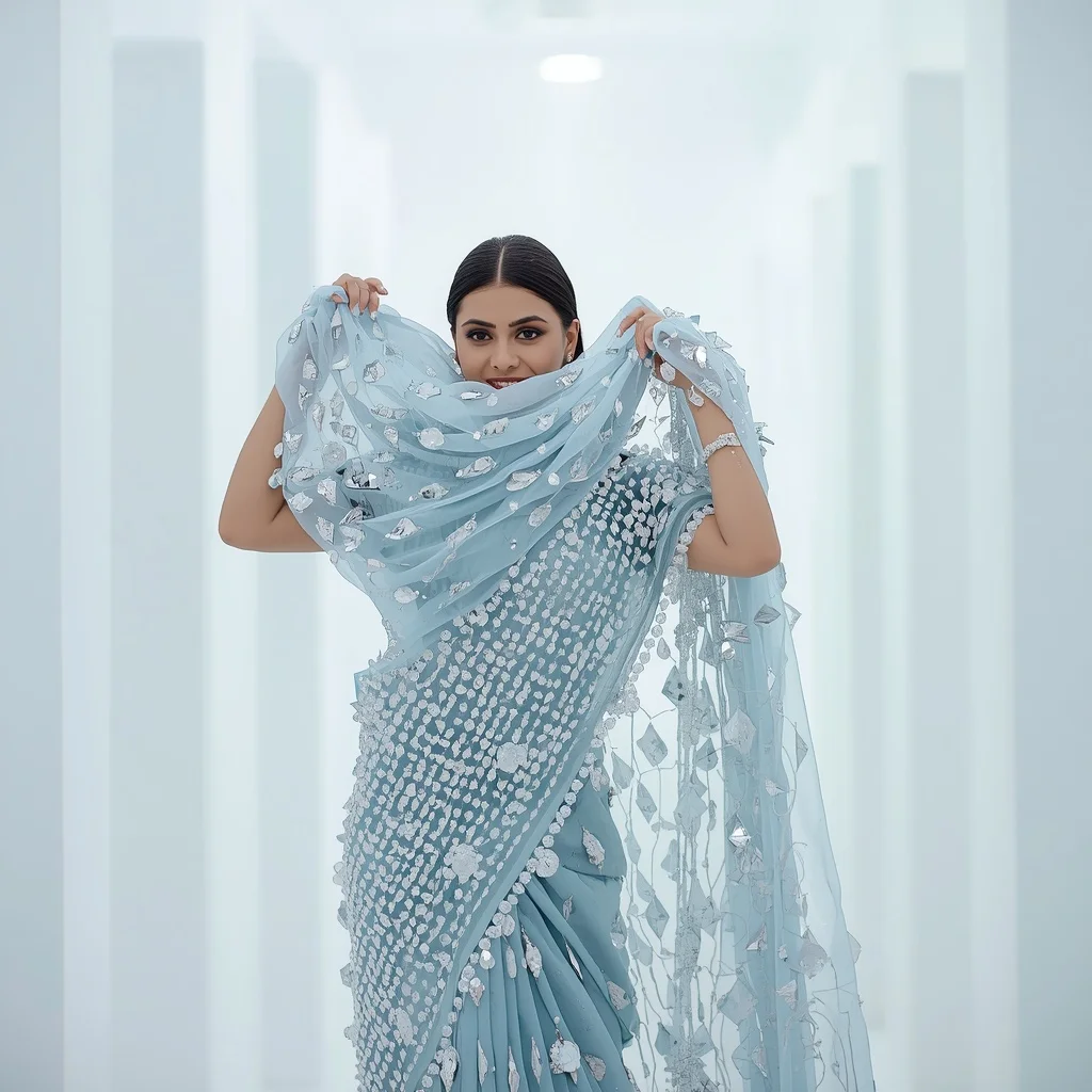 Massive 3D Crystal Chandelier Fringe Ice Blue Saree | Framing Face with Pallu Pose | New Instagram Trend Prompt For Girl Love