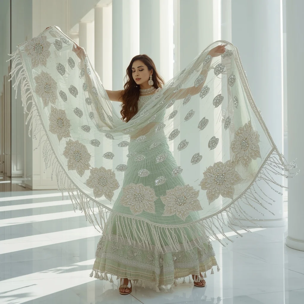 Massive 3D Crystal Lotus Applique Mint Saree | Over-the-Shoulder Toss Pose | Happy Ai Prompt
