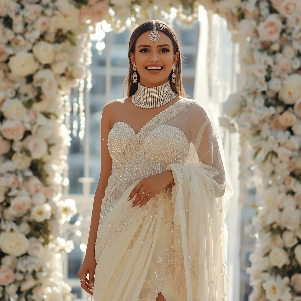 Massive Pearl Corset & Crystal Drape Cream Saree | Candid Laughing Pose | Prompt For Gemini AI Girl Model