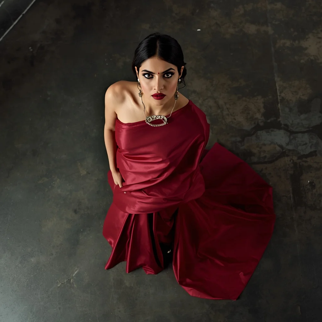 Matte Crimson Latex-Silk Saree – Dramatic Overhead Angle with Brutalist Concrete | Girl Photo Prompt Gemini