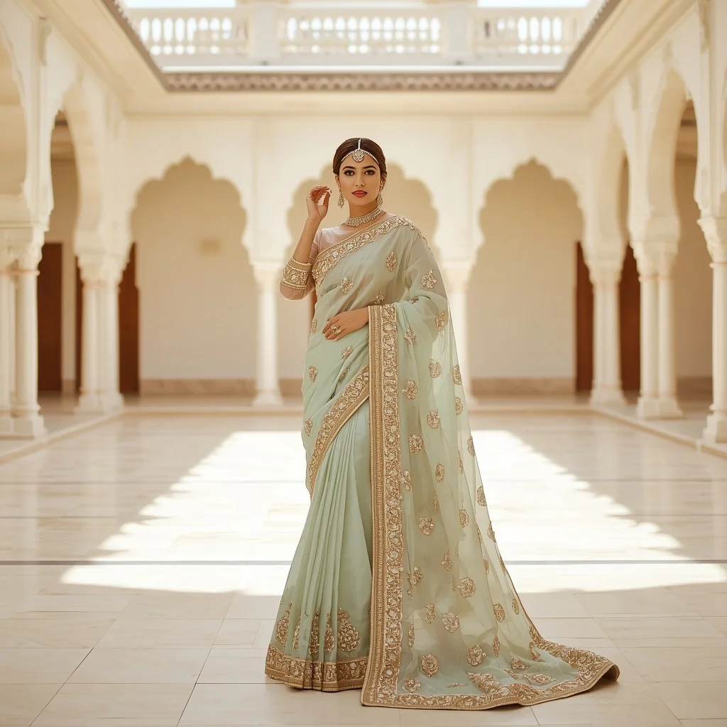 Maximalist Kundan & Zardozi Mint Bridal Saree | Candid Adjusting Maang Tikka Pose | Photo Prompt