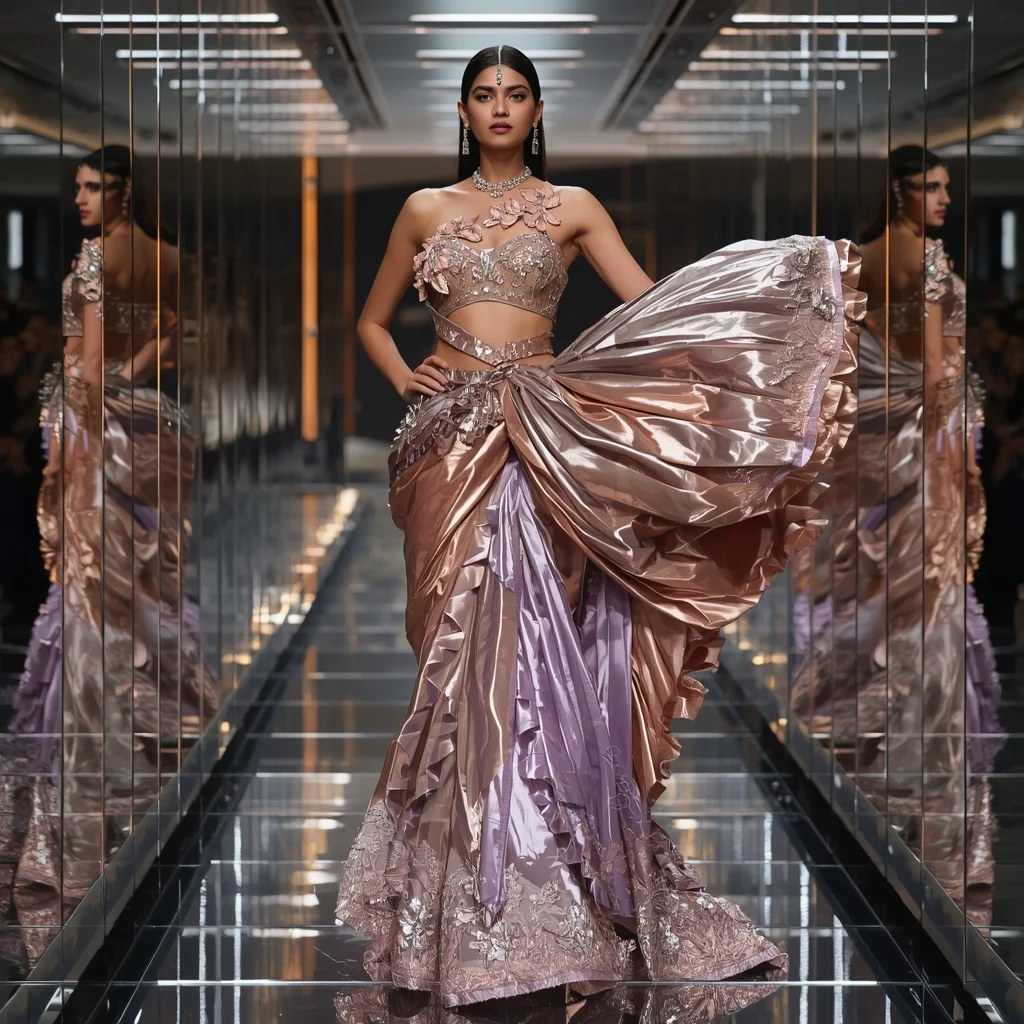 Metallic Blossom Ribbon Saree with Infinity Mirror Corridor | New Instagram Trend Prompt For Girl Love
