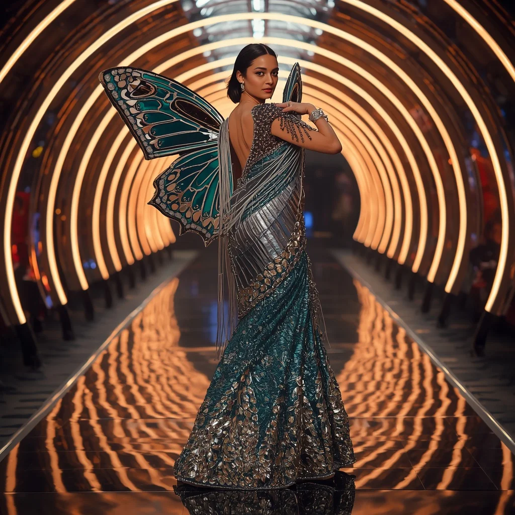 Metallic Butterfly Armor Saree with Futuristic Tunnel Lights | Lighting Ai Prompt