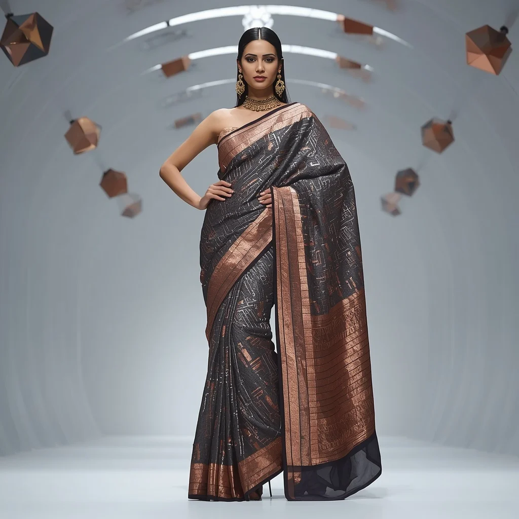 Metallic Charcoal and Copper Circuit Saree in Prism Hall | Ai Video Generator Prompt
