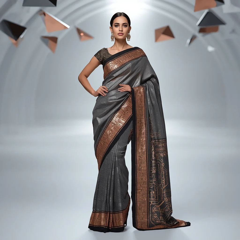 Metallic Charcoal and Copper Circuit Saree with Floating Prism Hall | Modern Design Ai Prompt