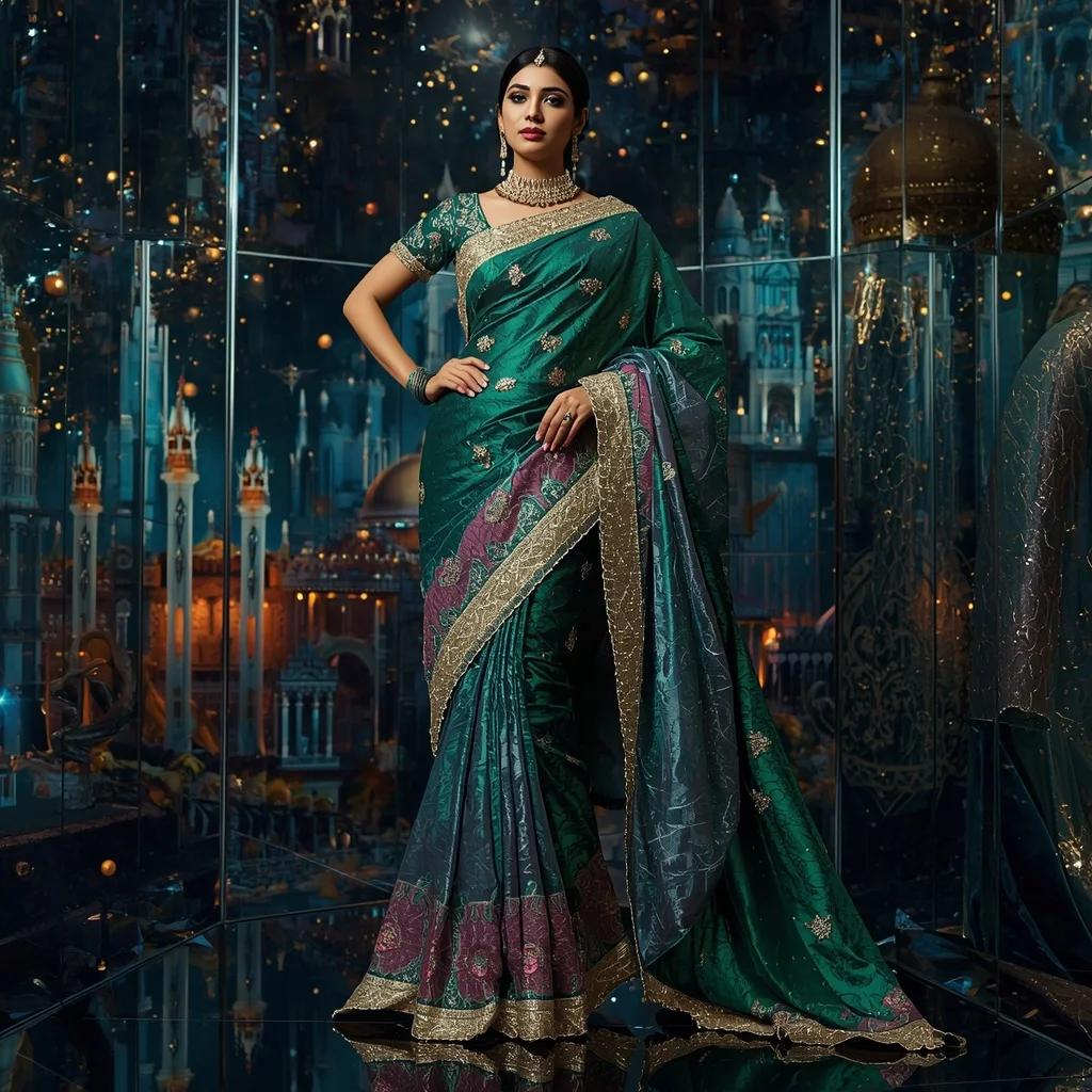 Metallic Cosmic Emerald Crown Kingdom Saree with Galaxy Diamond Empire | Best Prompt For Traditional Look For Girl Chatgpt