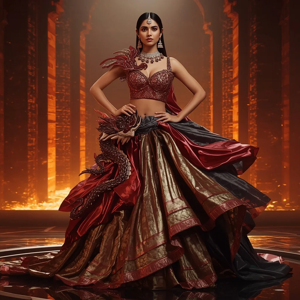 Metallic Dragon Crystal Gate Saree with Fire Fortress Empire | Prompt Seen Girl Lehenga