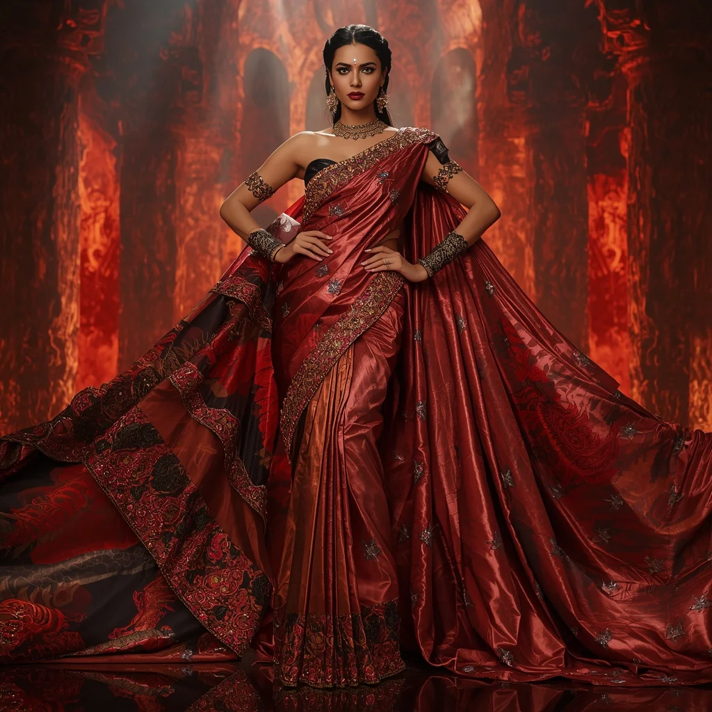 Metallic Dragon Crystal Tornado Saree with Inferno Storm Kingdom | Female Model Ai Prompt