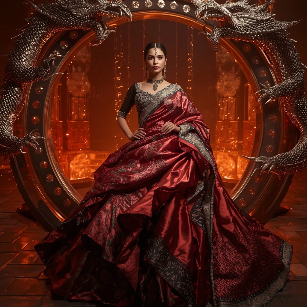 Metallic Dragon Infinity Ring Saree with Inferno Palace Fortress | Ai Prompt For Instagram