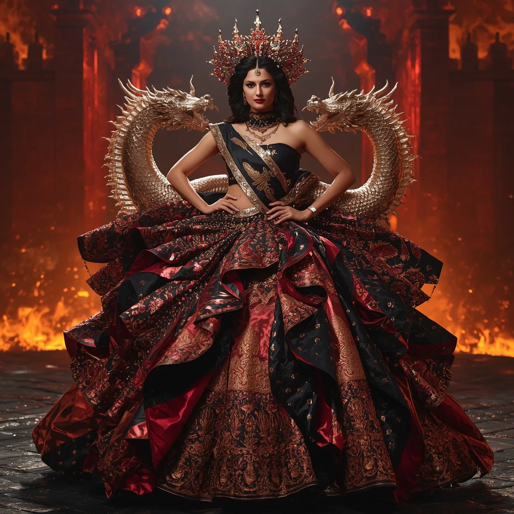 Metallic Dragon Spiral Crown Saree with Inferno Fortress Kingdom | Female Model Ai Prompt
