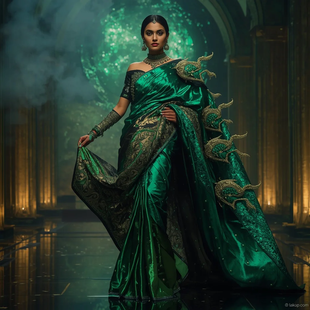 Metallic Emerald Dragon Nebula Saree with Jewel Fortress Empire | Indian Girl Ai Prompt