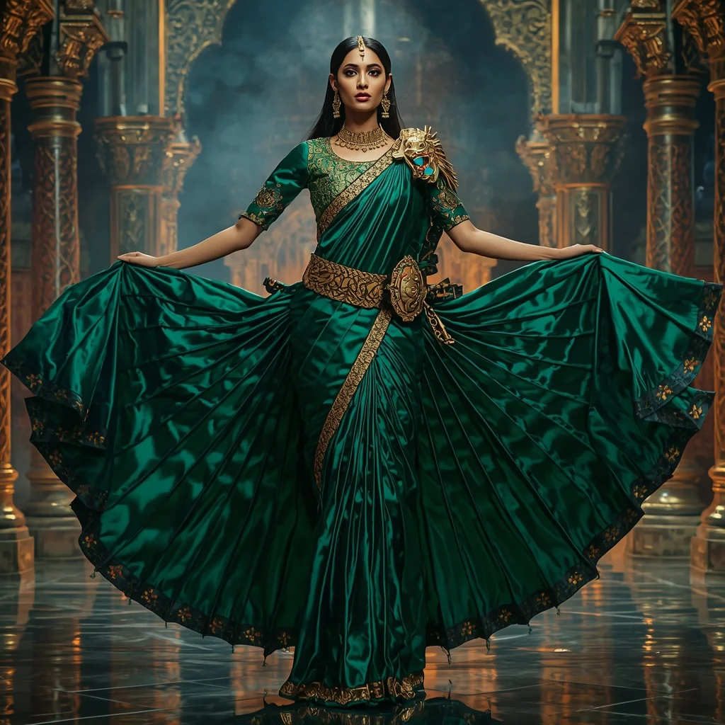 Metallic Emerald Dragon Observatory Palace Saree with Jewel Empire Fortress | Indian Girl Ai Prompt