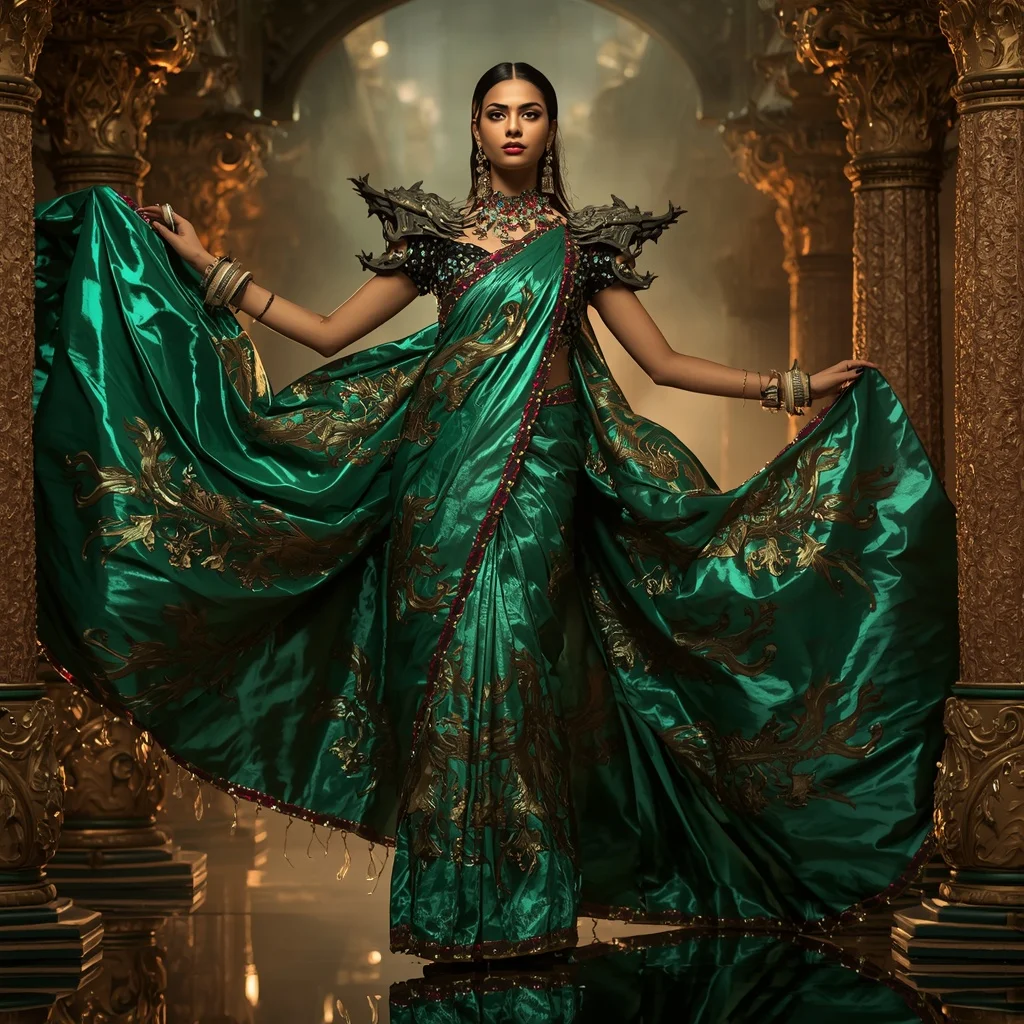 Metallic Emerald Dragon Temple Saree with Jewel Fortress Empire | Gym Influencer Ai Prompt