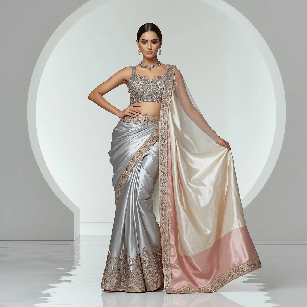 Metallic Floral Palace Saree with Modern White Gallery | Prompt Trending Girl 2026