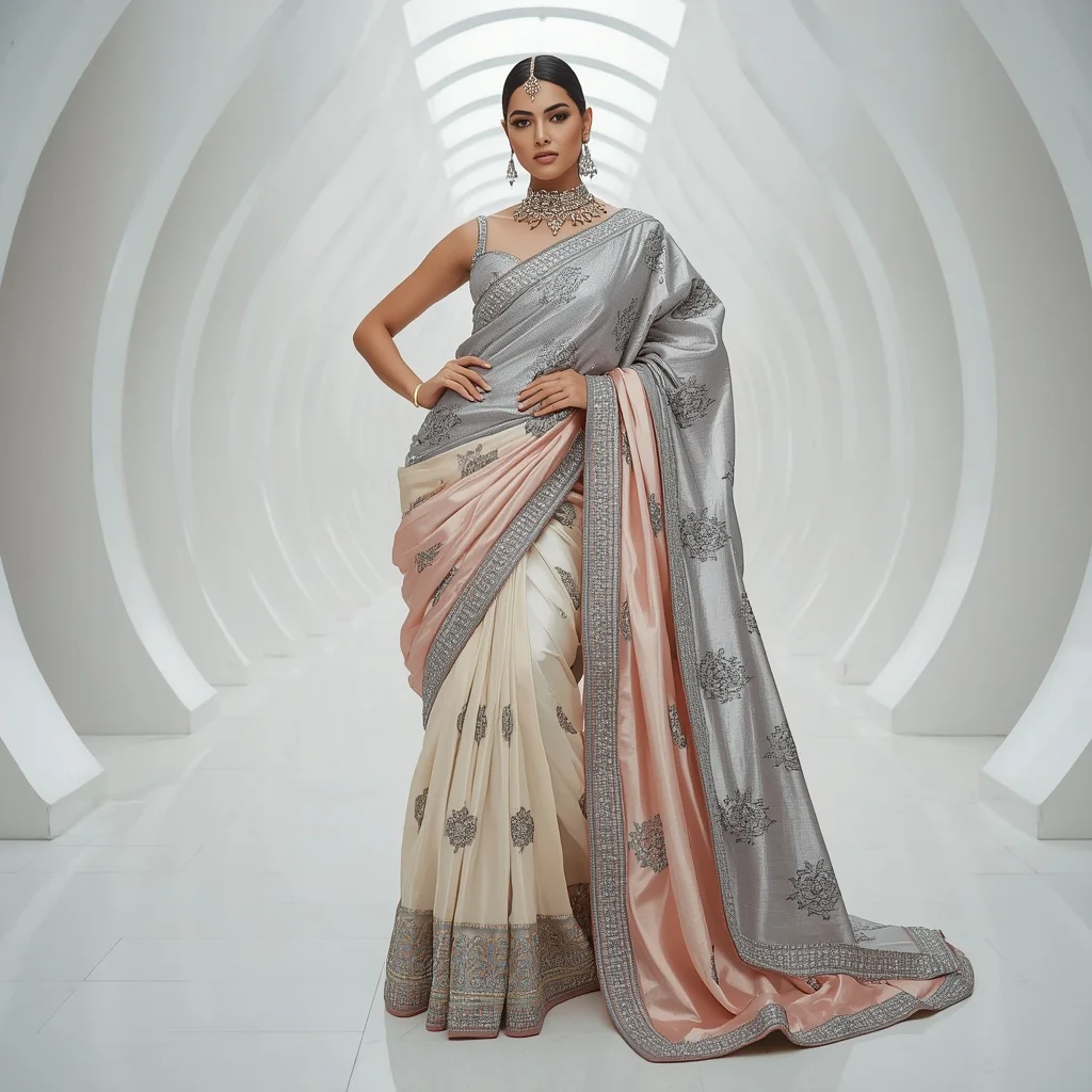 Metallic Floral Throne Saree with Modern White Atrium | Prompt Ai