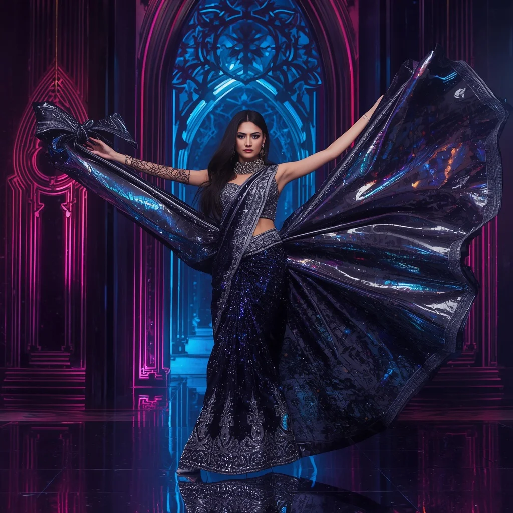 Metallic Galaxy Blade Halo Saree with Cosmic Neon Cathedral | Tiktok Viral Girl Prompt