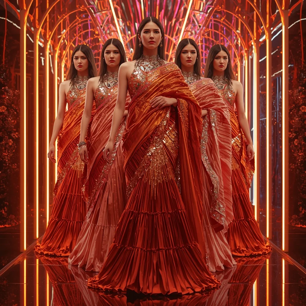 Metallic Lava Celestial Supreme Saree with Multi Runway Frames and Infinity Neon Eternal Omniverse | Free Ai Prompt