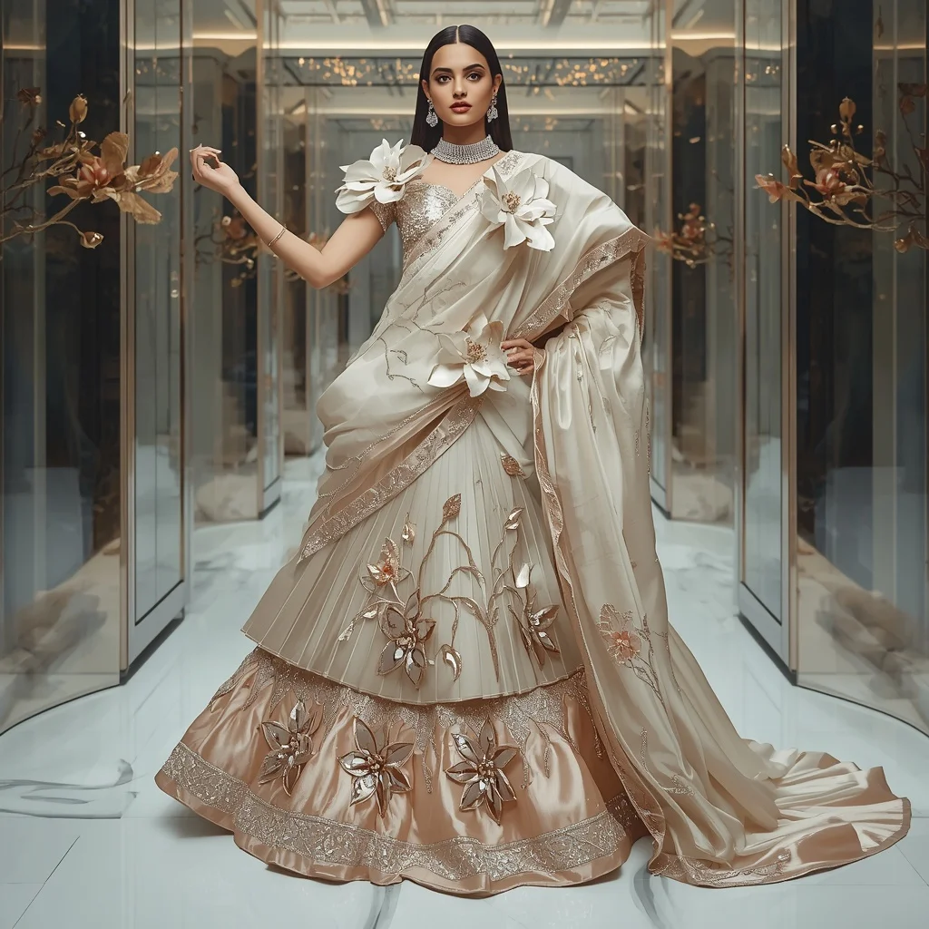 Metallic Magnolia Palace Saree with Luxury Glass Atrium | Instagram Post Ai Prompt