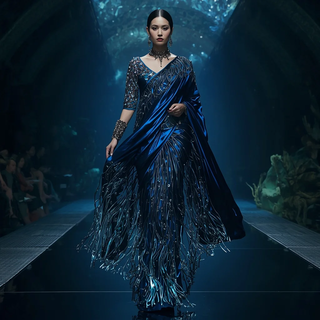 Metallic Ocean Abyss Saree with Deep Sea Gravity Flow | Face Ai Prompt