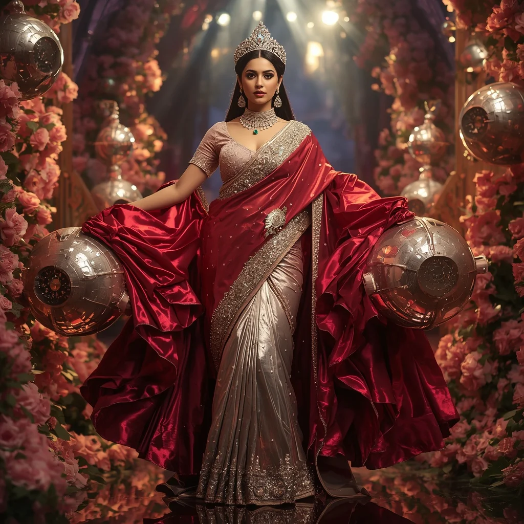 Metallic Rose Crown Observatory Saree with Floral Royal Empire | Indian Girl Ai Prompt