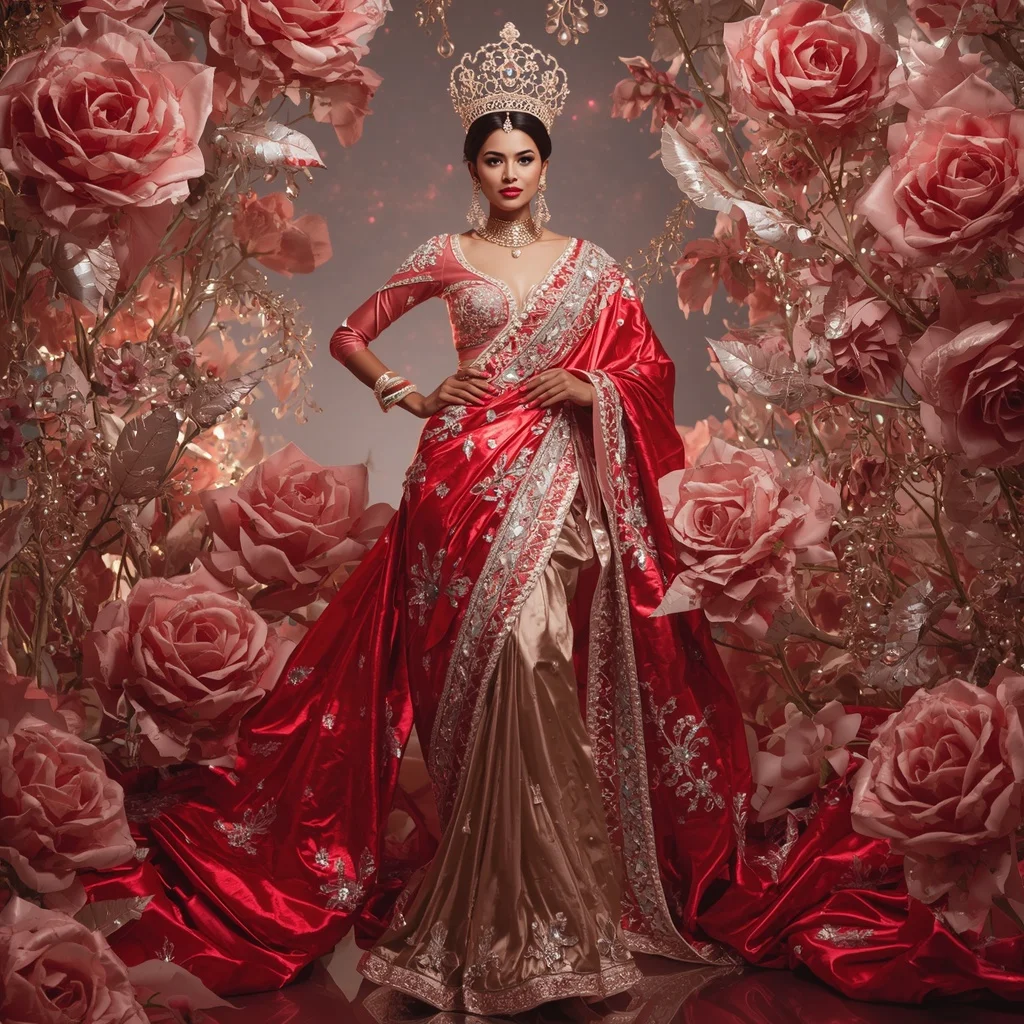 Metallic Rose Galaxy Crown Saree with Floral Royal Universe | Sora Ai Prompt