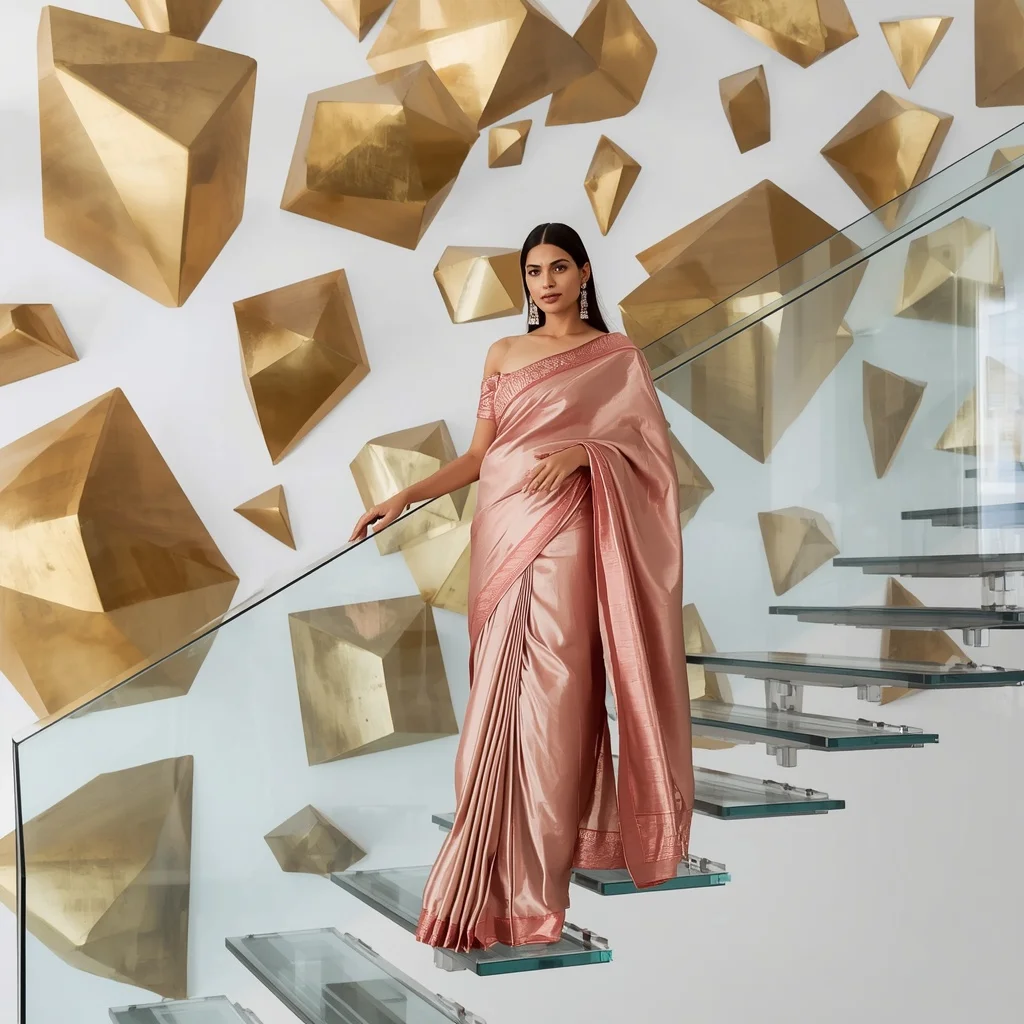 Metallic Rose Gold Silk – Floating Staircase Descent with Floating Brass Prisms | Prompt For Girls Trending