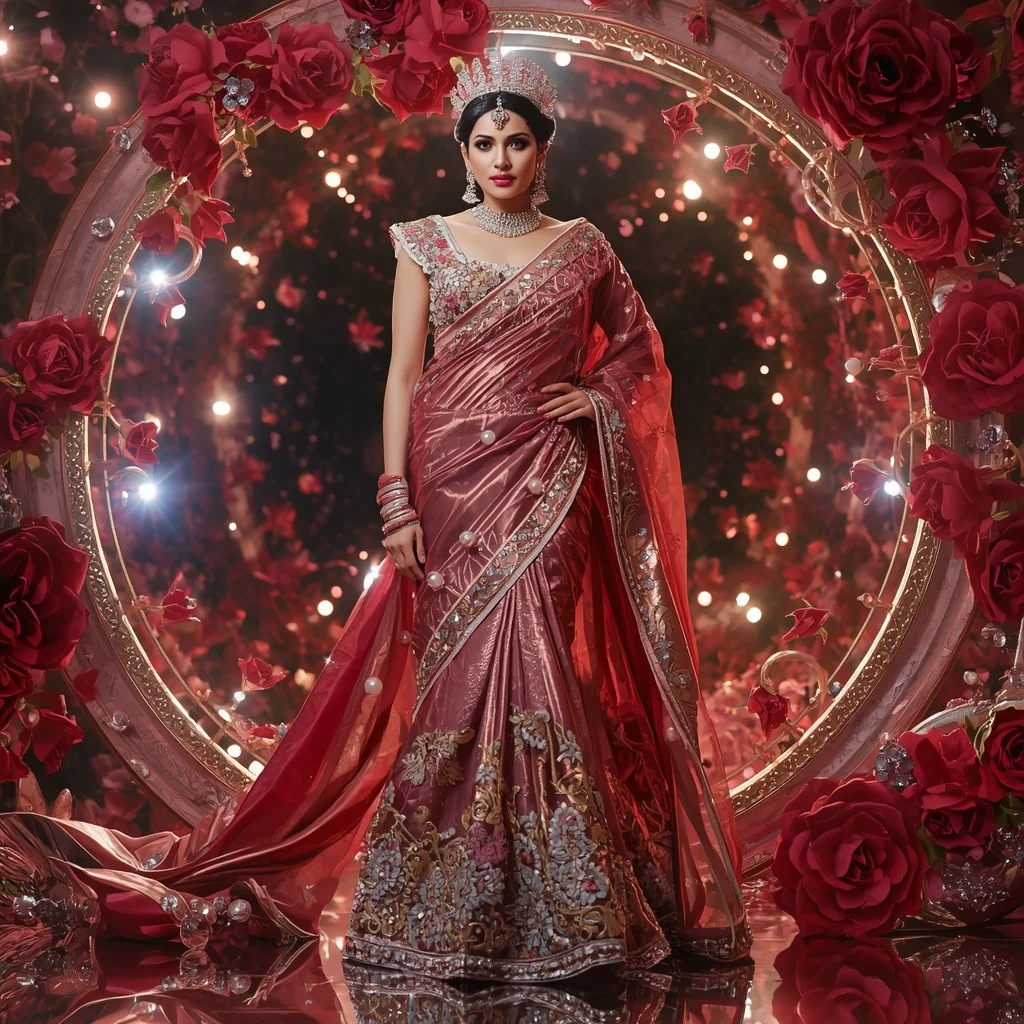 Metallic Rose Infinity Crown Saree with Floral Royal Universe | Female Model Ai Prompt